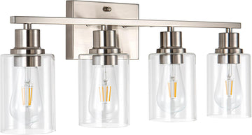 4-Light Bathroom Light Fixtures, Brushed Nickel Vanity Light with Clear Glass Shade, Modern Wall Sconce for Mirror