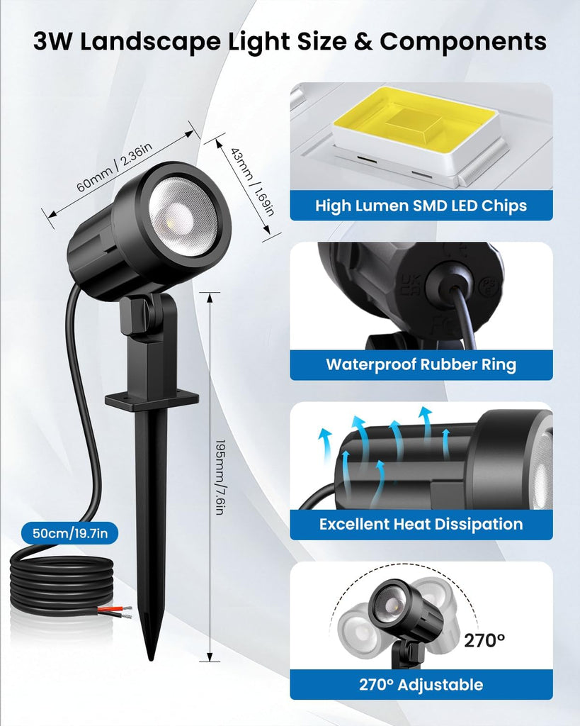 3W Low Voltage Landscape Lighting, 2700K Warm White, 4 Pack | LED Landscape Lights with Connectors, IP66 Waterproof