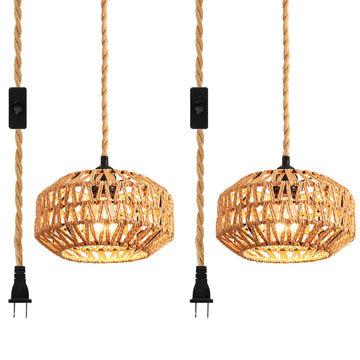 2 Pack Plug in Pendant Light Rattan Hanging Lamp with Switch, Mini Rattan Boho Semi Flush Mount Ceiling Light, Hand