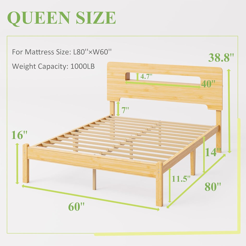 Solid Bamboo Wood Queen Bed Frame with Storage Headboard, 14 inch Platform Bed Frame Queen No Box Spring Needed with Steel Slats, Sturdy and Stable, Easy Assembly, Noise Free