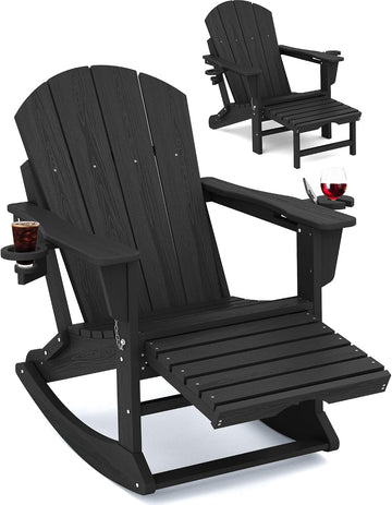 Adirondack Rocking Chair with Ottoman and Cup Holders | HDPE Porch Rocker, Black