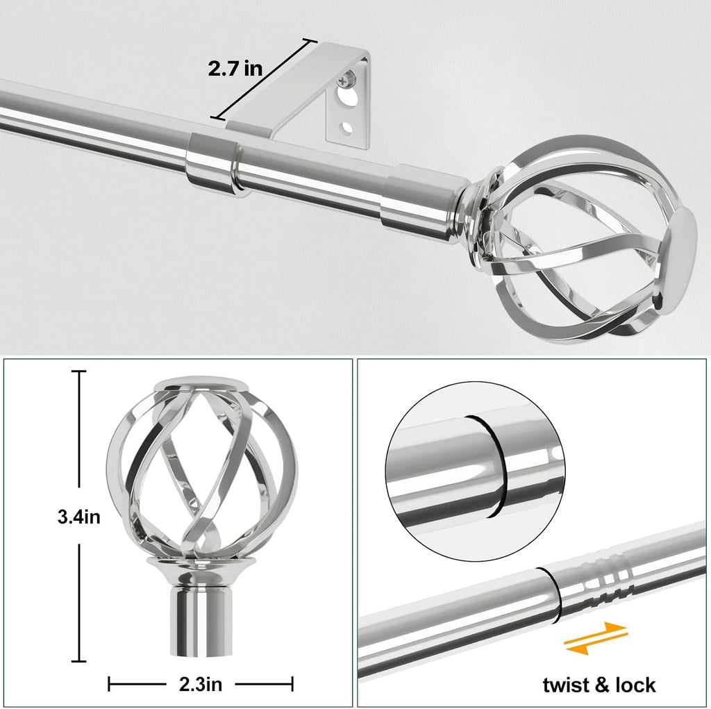 Silver Curtain Rod 30 to 62 inch with Twisted Cage Finials, Decorative Curtain Rods for Windows with Brackets
