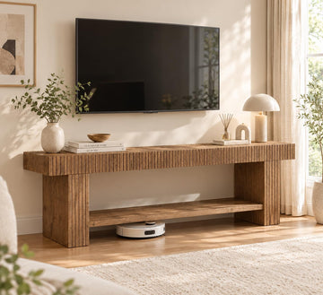 71-Inch Solid Wood TV Stand for 75 Inch TV, Fluted TV Table Brown
