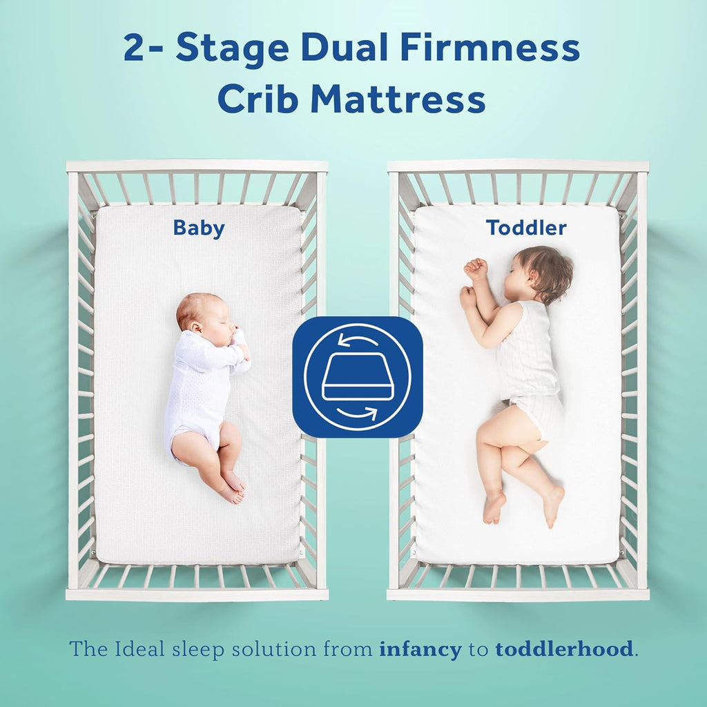 2 Stage Infant Crib Mattress Plus Toddler Bed Fit, Breathable, Resistant to Stain Cover, Dual Firmness &