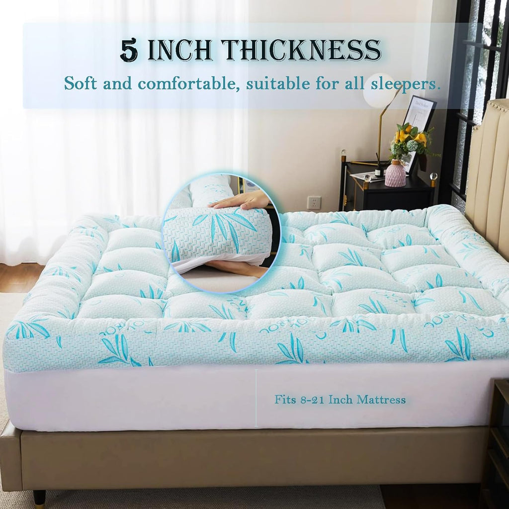 5 Inch Queen Mattress Topper Breathable Bamboo Viscose Air Layer,Memory Foam Mattress Topper Queen Size Blue.