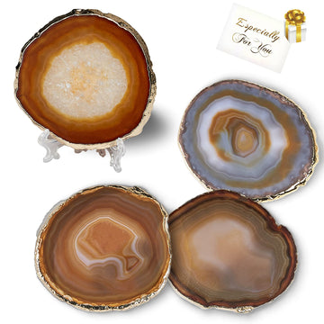Brown Agate Set of 4, 3.5-4" Gem Stone Coasters With Gold Rim, Geode Coasters Slice With Rubber Bumpers Decoration