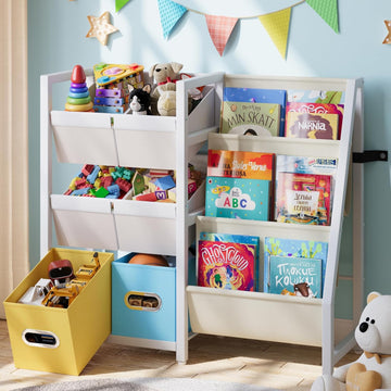 Kids Bookshelf Toy Storage Organizer, Toddler Baby Montessori | Montessori Toddler Book Rack With 3 Slings & 6 Toy