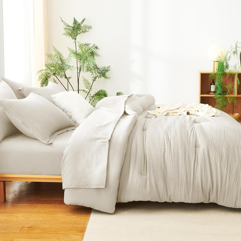 Queen Comforter Set Beige - 7 Pieces Striped Seersucker Bed in a Bag