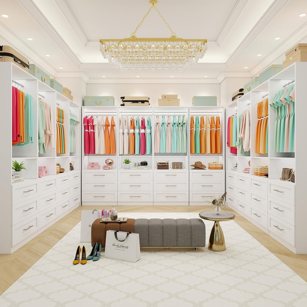 Closet System with 9 Drawers, 6-15FT Closet Systems for Walk in Closets with 6 Expandable Rods & 3 Shelves, Wood