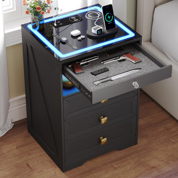Smart Nightstand with Lockable Gun Drawer,Farmhouse Bedside Table with Charging Station and 3 LED Lights, Modern