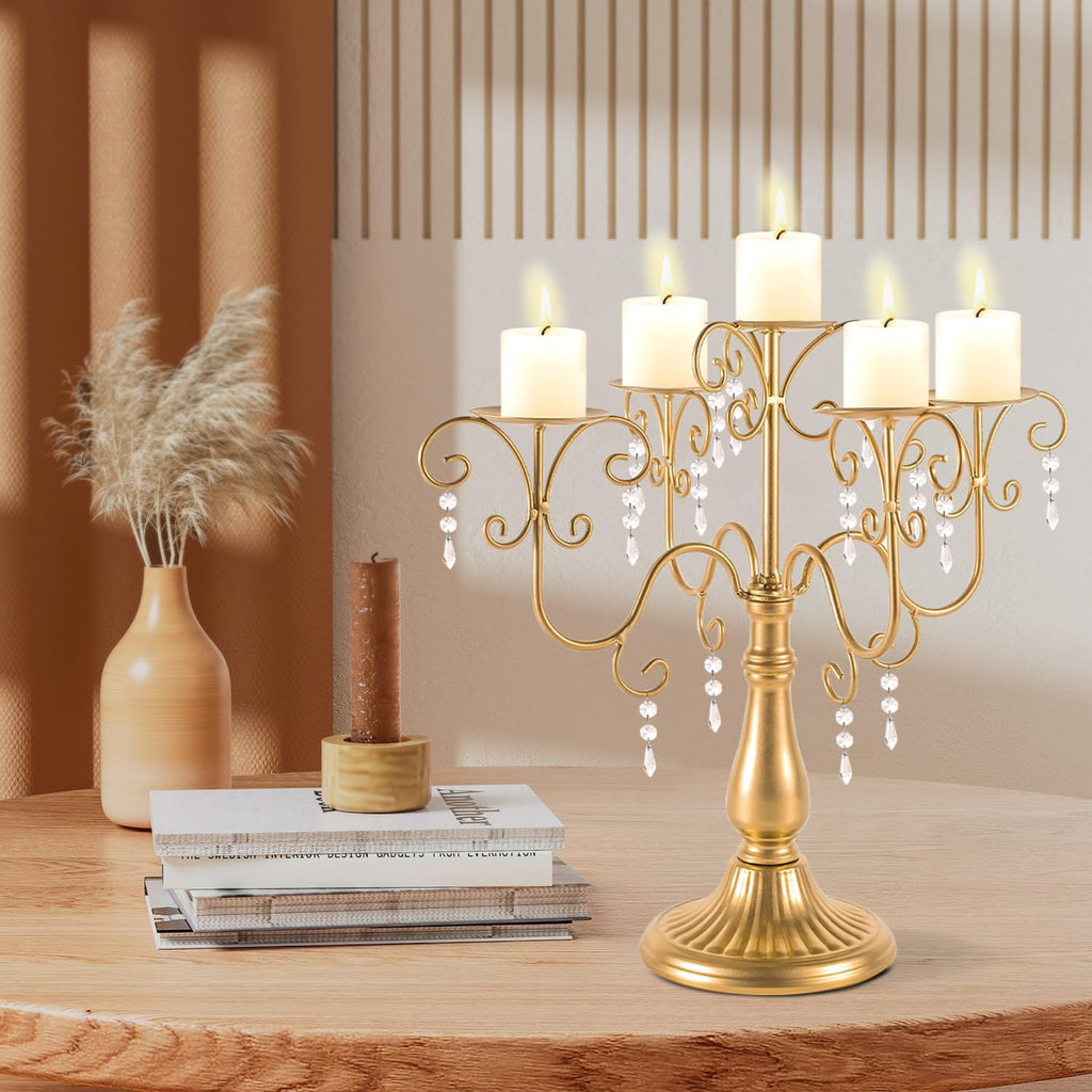 15.3in Gold Candelabra Centerpieces for Tables, 5 Arm Crystal Candelabra for Pillar Candles, Metal Candelabra Candle