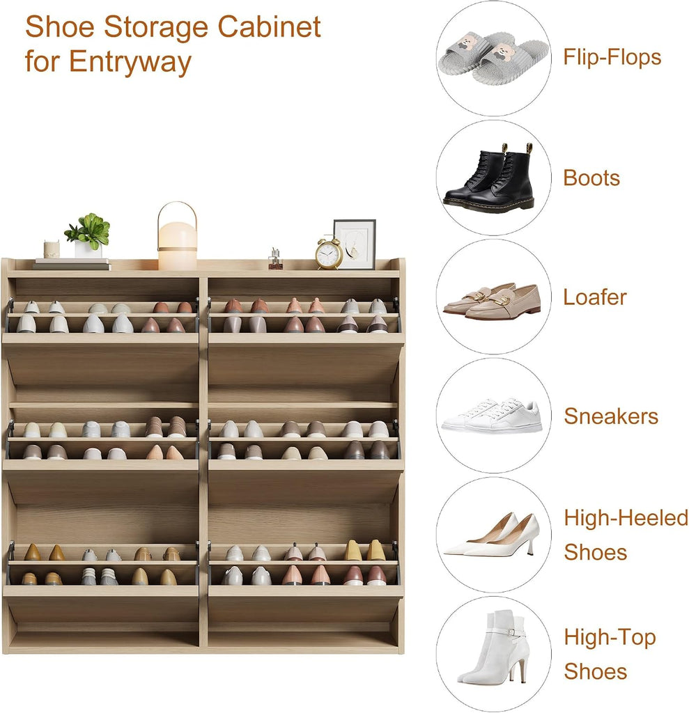 Shoe Cabinet, 6 Flip Drawers, Narrow Freestanding Shoe Organizer with Adjustable and Removable Shelves, Modern Wooden