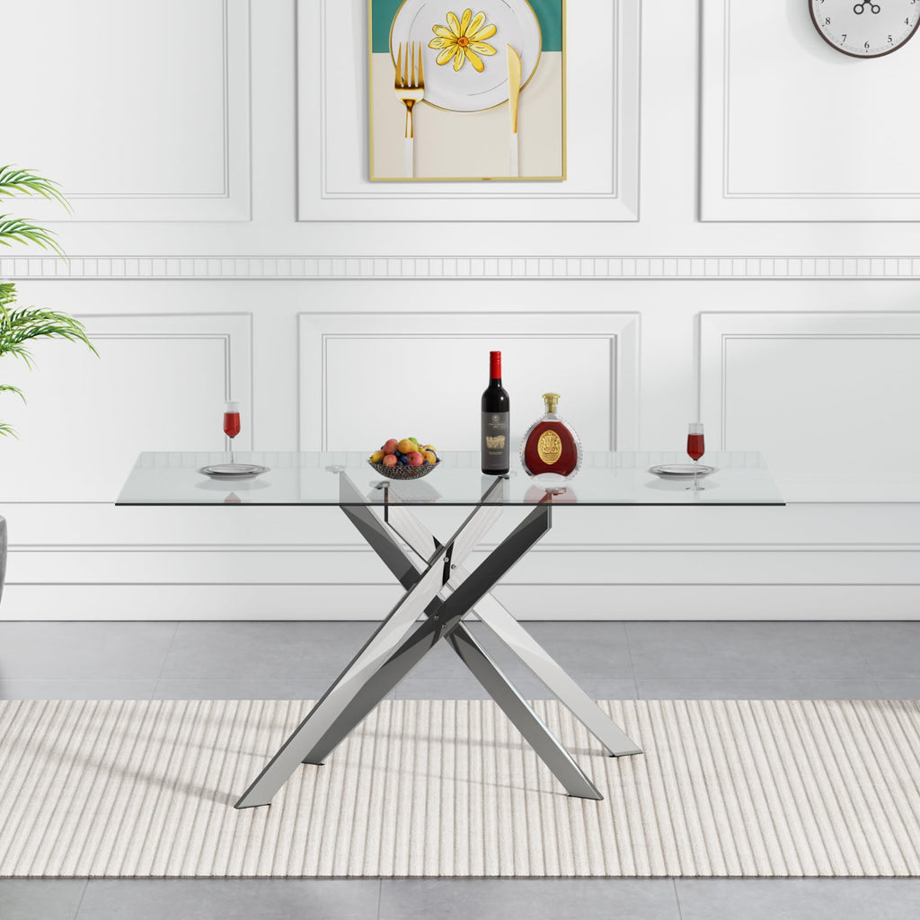 Rectangular Glass Dining Table, Tempered Glass Tabletop and Metal Legs, Modern Style Glass Kitchen Table (Silver