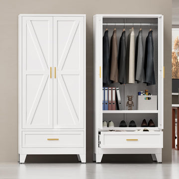 Metal Wardrobe Closet , 71" Freestanding Armoire Wardrobe with Drawer and Shelf, Hanging Rod Clothing Storage Cabinet