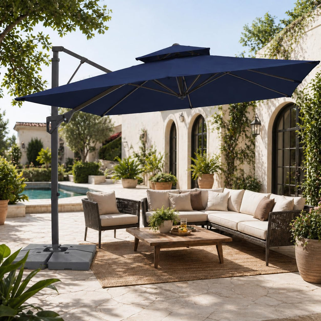 9x9 ft 2-Tier Cantilever Patio Umbrella, Large Square Outdoor Offset Umbrella with Double Top Vent and 360-degree - Navy