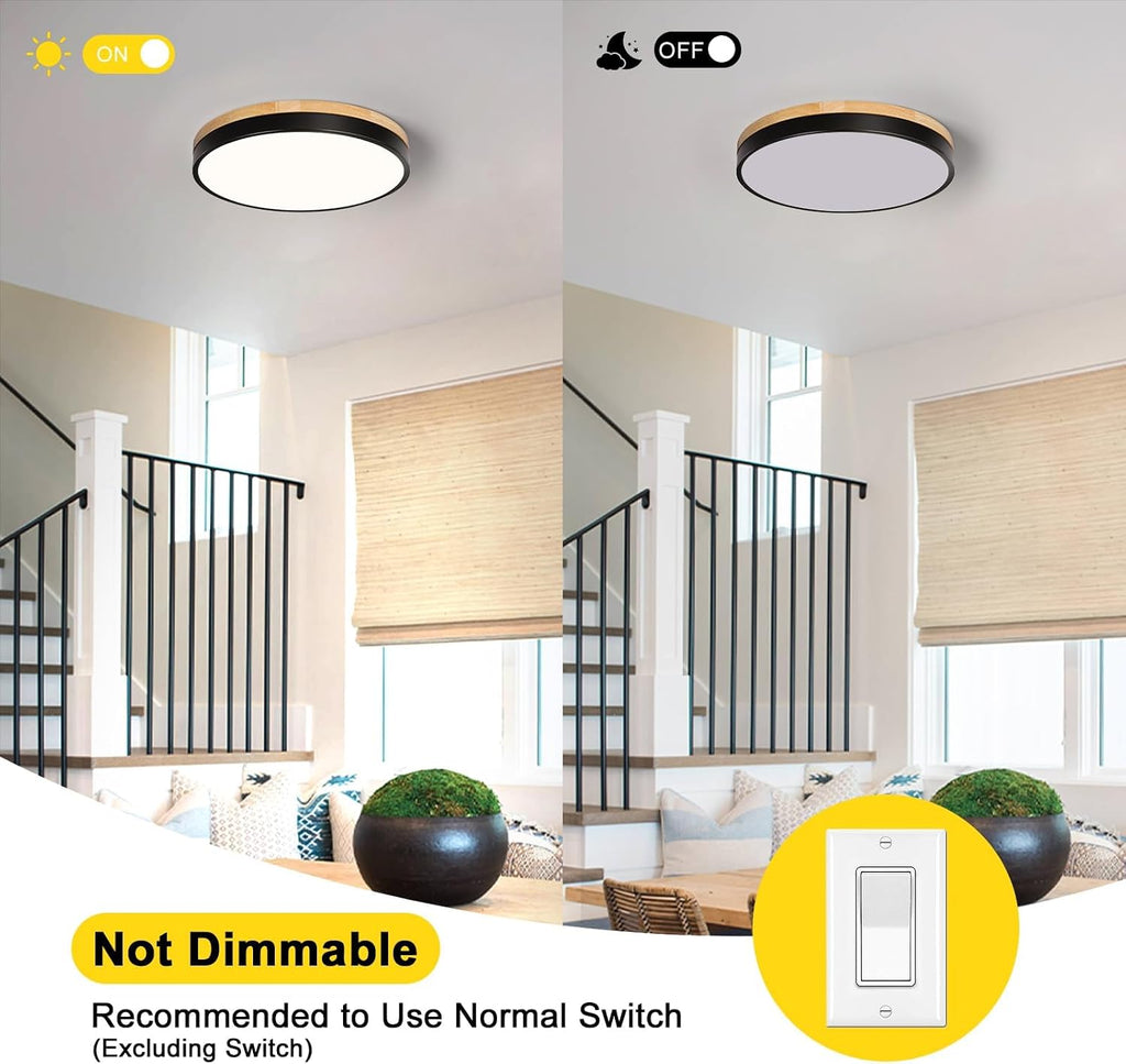 Modern Wood Black Flush Mount Ceiling Light, 11.81" Round LED Low Profile Close to Ceiling Fixture Bedroom Bathroom