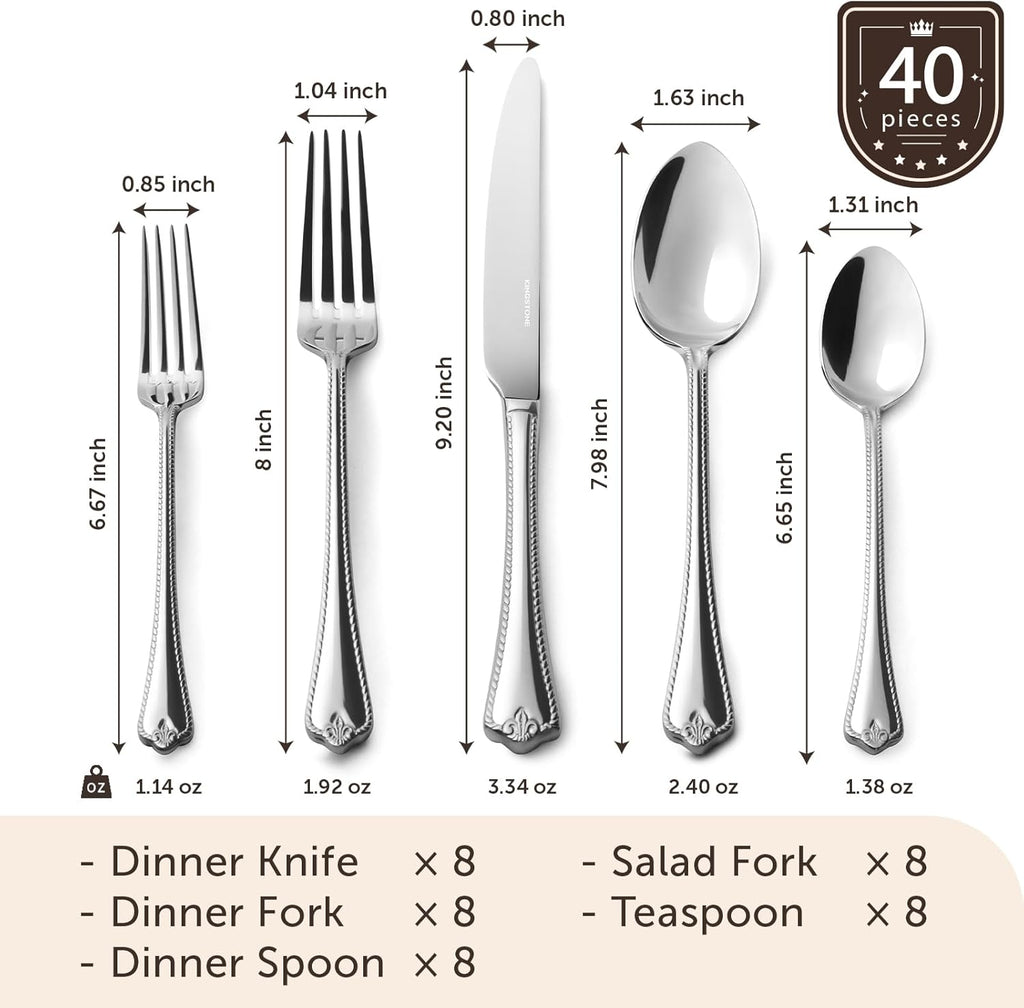 Silverware Set, 40-Piece 18/10 Stainless Steel Flatware Set Cutlery Set for 8