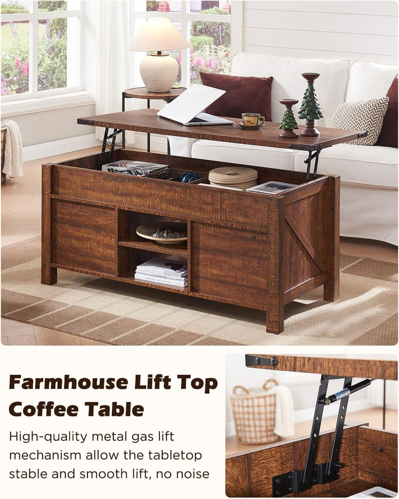 48" Farmhouse Lift Top Coffee Table with Sliding Barn Door,Rustic Center Table with Hidden Storage Compartment,Lifting