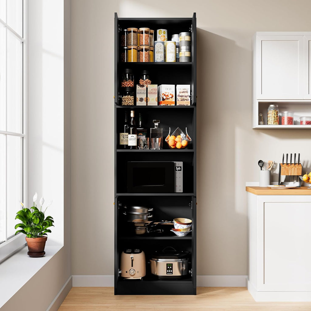Kitchen Pantry Cabinet, 75" Tall Wood Storage Cabinet with Doors and Shelves, 4 Doors Open Countertop Utility Hutch