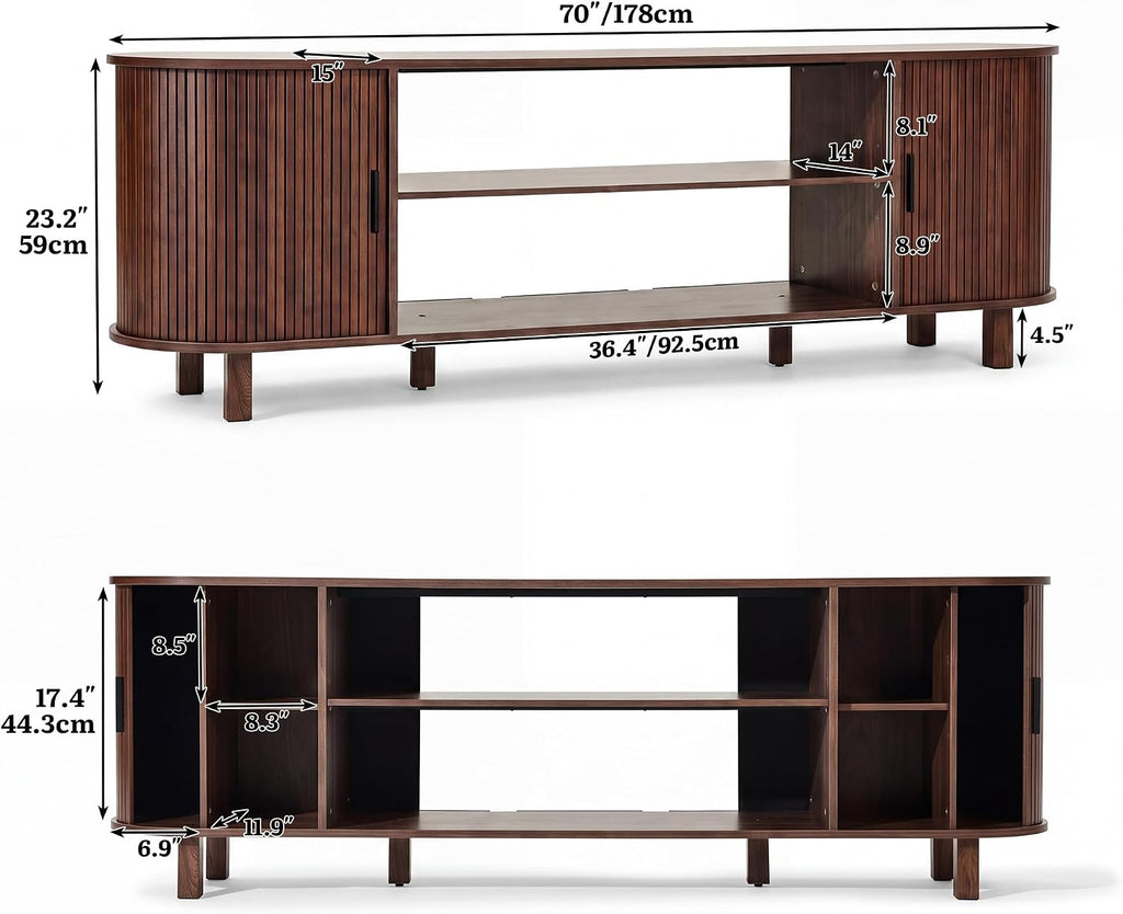 Mid Century Modern TV Stand, 70 inch Entertainment Center with Storage and Fluted Sliding Doors, Adjustable Shelves