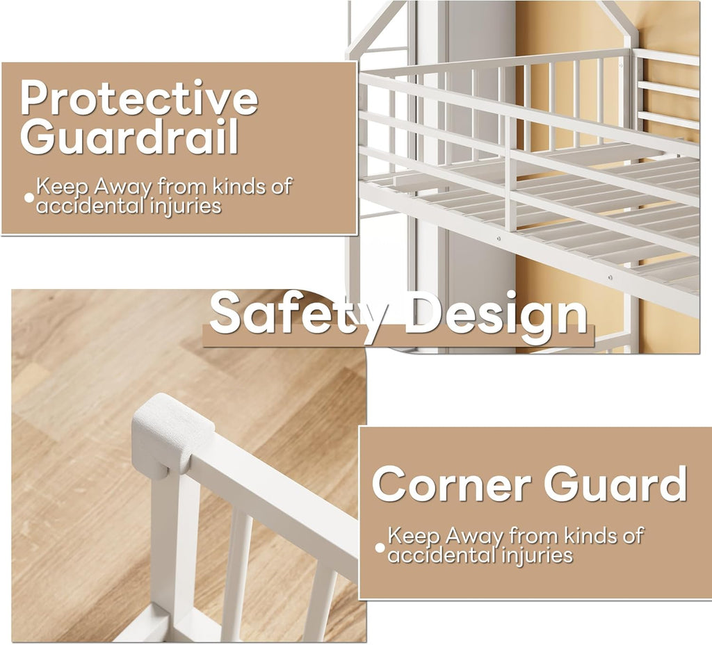 Bunk Bed Twin Over Full, House Bunk Bed Frame with Ladder and Guardrail