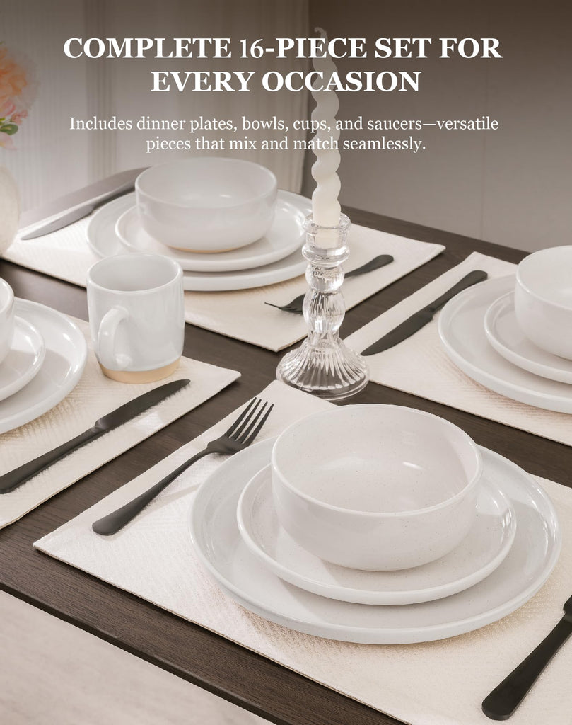16-Piece Stoneware Dinnerware Set for 4 with Mugs, Plates and Bowls Sets with Partially Unglazed Base, Scratch