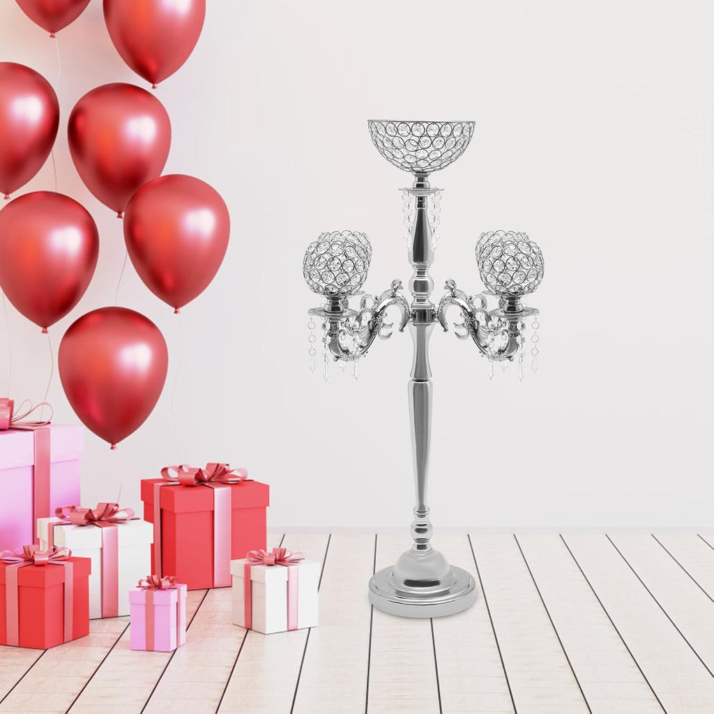 Elegant 35inch 5-Arm Crystal Candelabra with Flower Vase and Hanging Crystal Drops, Iron Taper Candle Holder Stand