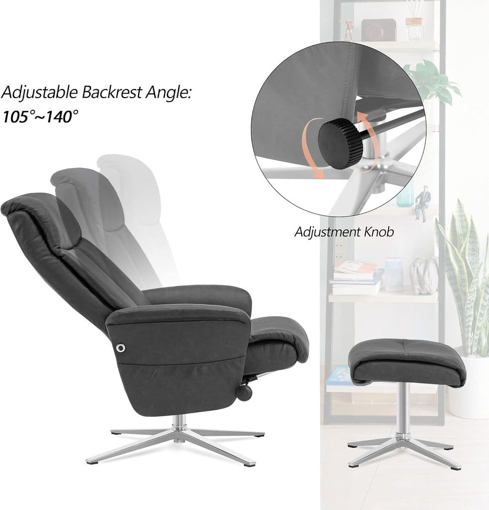 Modern Reclining Swivel Lounge Chair and Ottoman — Grey Faux Leather