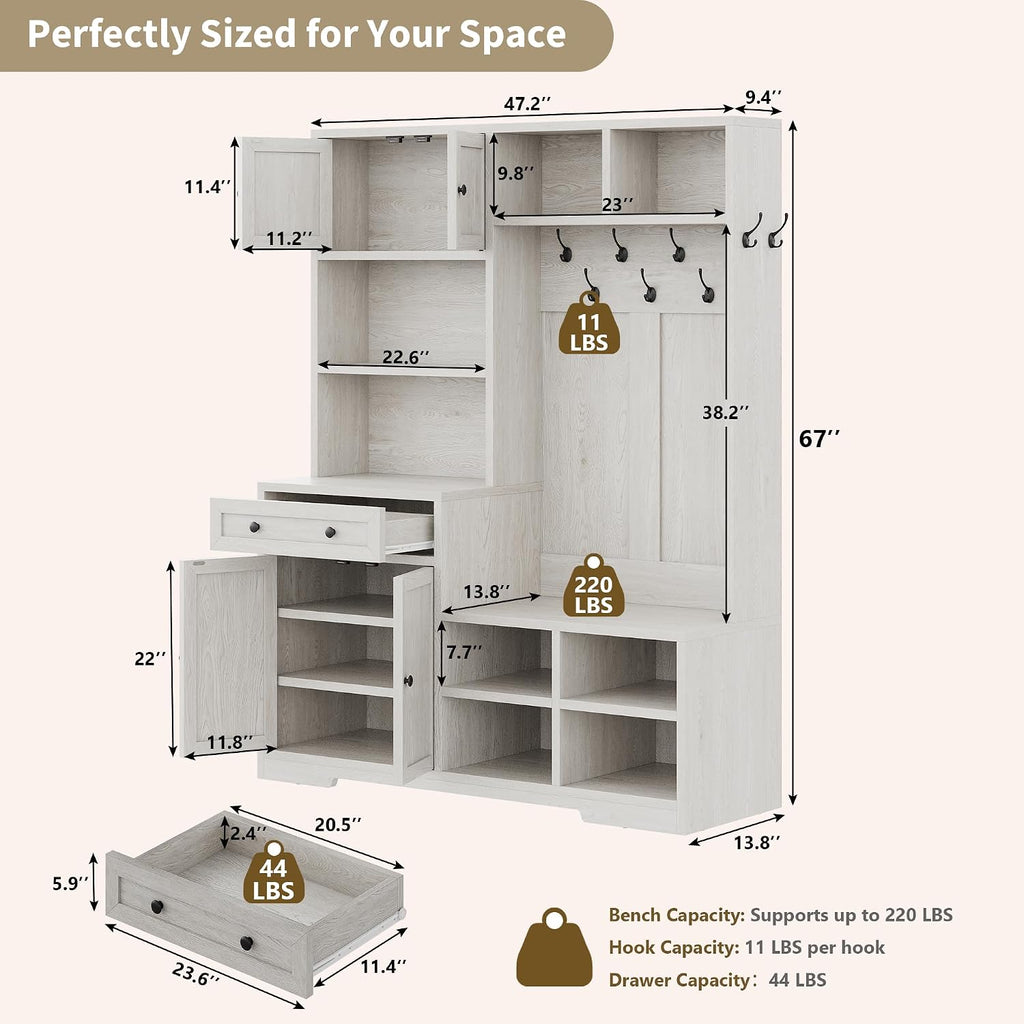 5-in-1 Hall Tree with Bench and Shoe Storage, 51" W Entryway Organizer Coat Rack with 9 Hooks, 2 Storage Cabinets