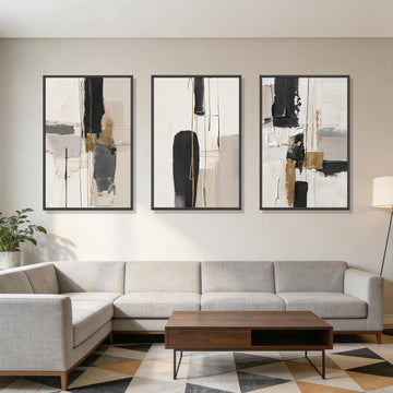 Large Neutral Abstract Wall Art Set of 3 Framed Canvas Prints, 24x36 Inch Modern Beige Black Abstract Paintings with