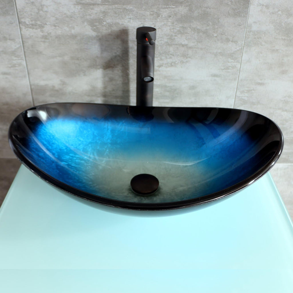 24" Bathroom Vanity Tempered Glass Vessel Sink Combo Cabinet Countertop Sink Bowl w/Mirror Set (Blue Oval)