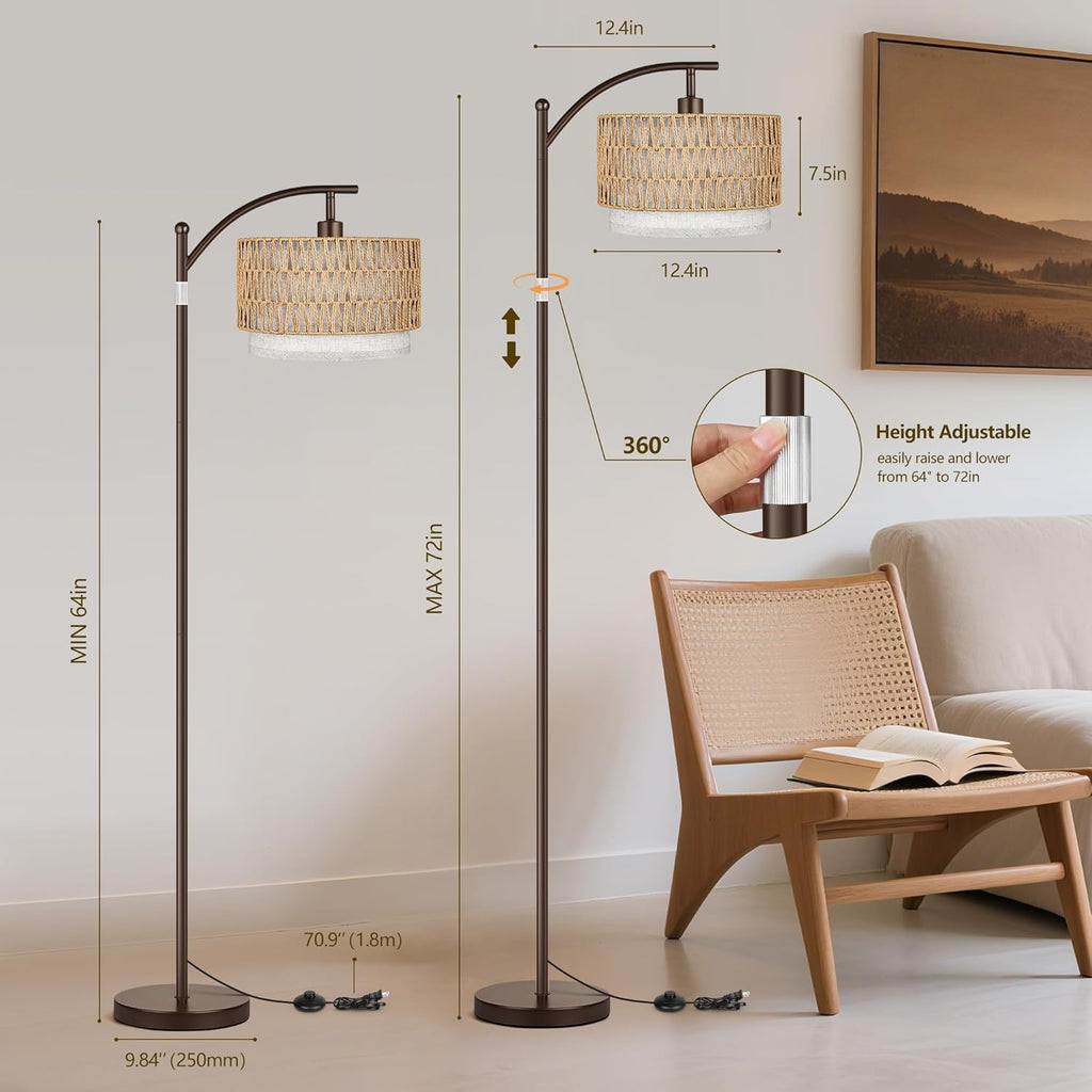 Arc Floor Lamps, Boho Farmhouse Floor Lamp with Remote & Dimmable Bulb, Standing Lamp with Rattan & Fabric Shades