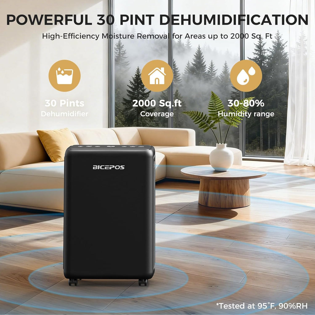 2000 Sq.Ft Dehumidifier for Basement, 30 Pints Dehumidifiers for Home with Drain Hose, 3 Mode, Auto Defrost