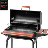 30-Inch Barrel Charcoal Grill with Wood-Painted Side Table, 627 Sq. In. Cooking Area for Outdoor Patio, Backyard, and Parties