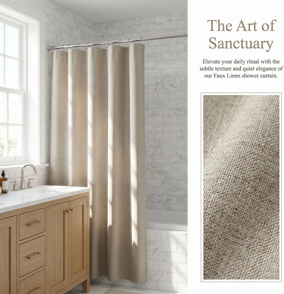 Linen Shower Curtain with 12 Metal Hooks,Country Boho Farmhouse Bath Decor Brown Shower Curtains Bathtub