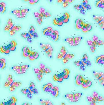 Nathan Rainbow Butterflies on Turquoise Comfy Cotton Flannel Fabric by the Yard