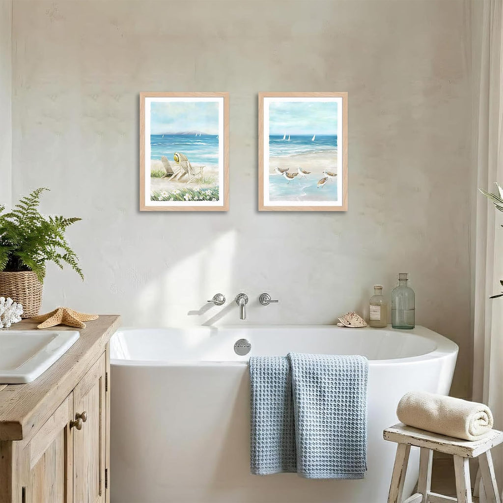 Framed Beach Wall Art Set of 2, Coastal Canvas Prints with Solid Wood Frame & Acrylic Cover, Ocean Seaside Painting