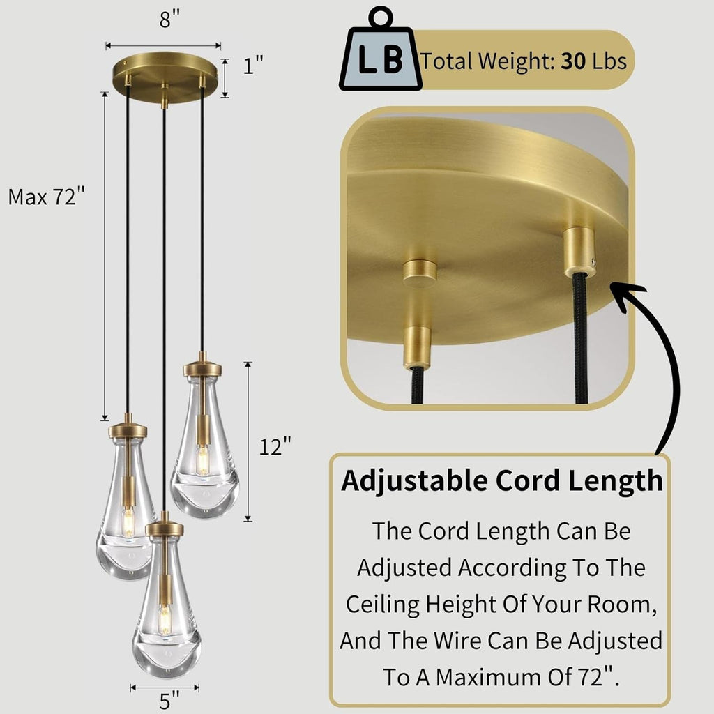 3-Light Raindrop Pendant Light Fixtures, Brass Glass Pendant Lighting, Teardrops Modern Hanging Light for Entryway Foyer Kitchen Island Dining Living Room Hallway