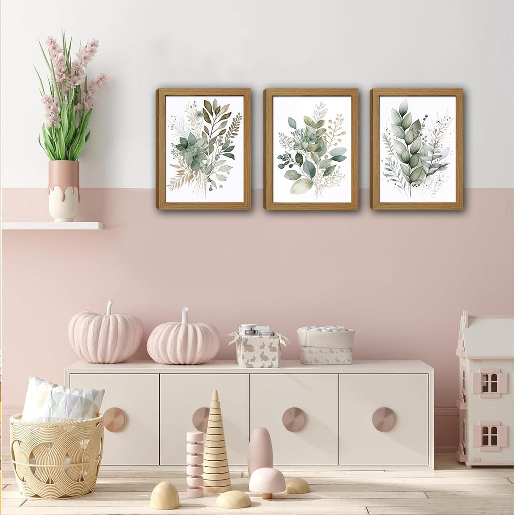 Sage Green Botanical Wall Art Set of 3, Eucalyptus Leaf Canvas Prints, Minimalist Watercolor Style Boho Nature Plant