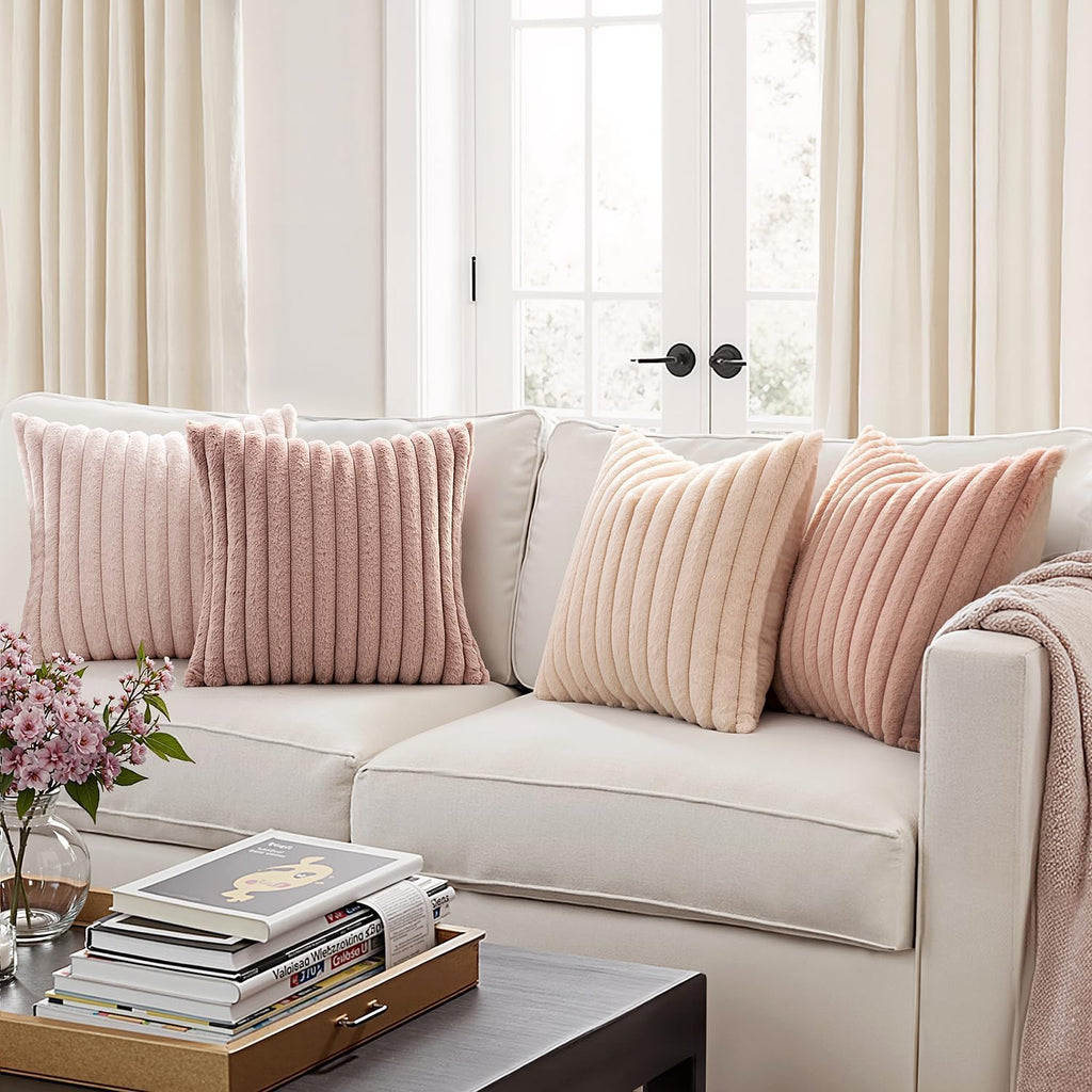 Faux Fur Plush Decorative Throw Pillow Covers 18x18 Set of 4, Valentine's Day Cute Modern Soft Romantic Fuzzy Striped