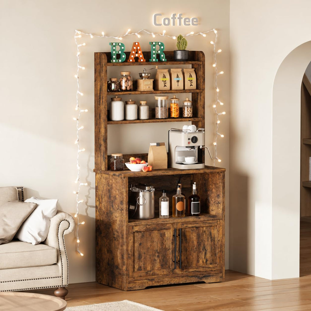 Bakers Rack With Storage Cabinet, Microwave Stand With Power Outlets, Farmhouse Bakers Rack With Thick Table Top