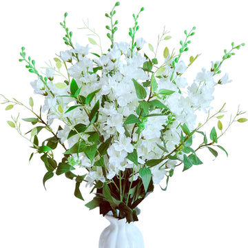 9 pcs White Artificial Flowers, 34.25''Long Stem Silk Larkspur Fake Flowers Faux Bulk Wedding Garden Table Decor