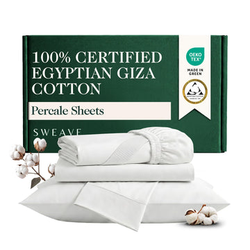 100% Certified Giza Egyptian Cotton Percale Sheets, Queen, 4Pcs, White