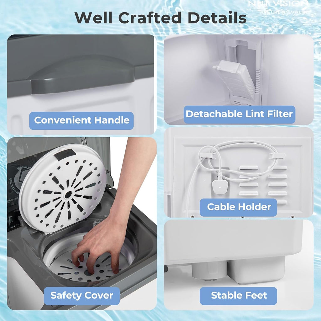 Portable Washing Machine, 20 LBS Washer & Spinner Combo with Built-in Drain Pump & Time Control, Compact Twin Tub 12