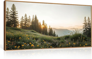 Green Forest Mountain Framed Canvas Wall Art Set, Wildflower Meadow Wall Decor, Floral Pictures Artwork, Nature