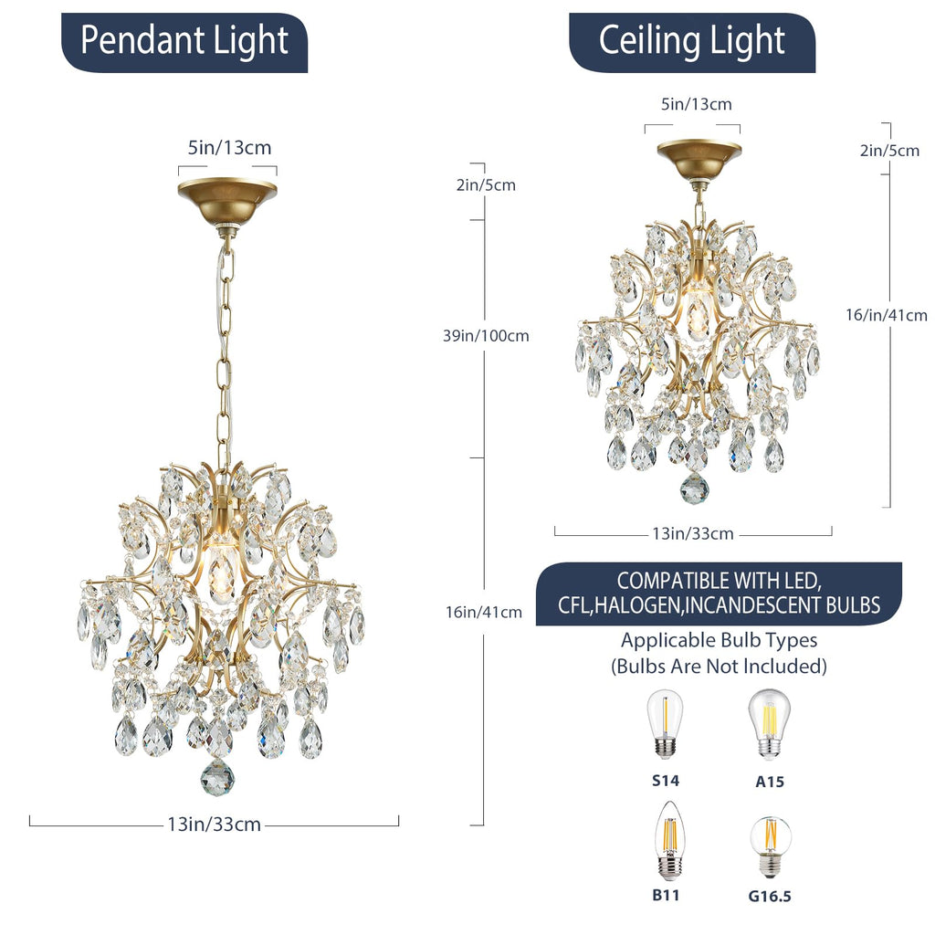 Gold Modern Pendant Chandelier Crystal Raindrop Lighting Ceiling Light Fixture Lamp Bathroom Bedroom Livingroom