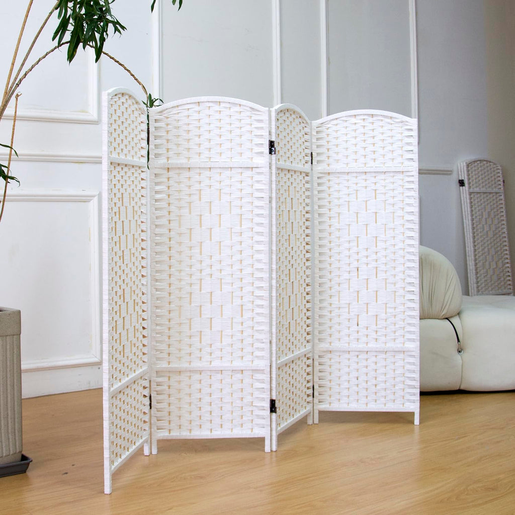 4 Panel Rattan Divider Short Room Partition Screen, Double Sided Folding Divider for Room Separation, White, 47.2" H x
