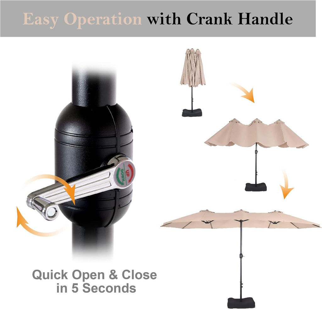 15FT Patio Umbrella with Base, Large Double-Sided Outdoor Market Umbrella with Crank Lift, UV-Resistant Canopy Khaki