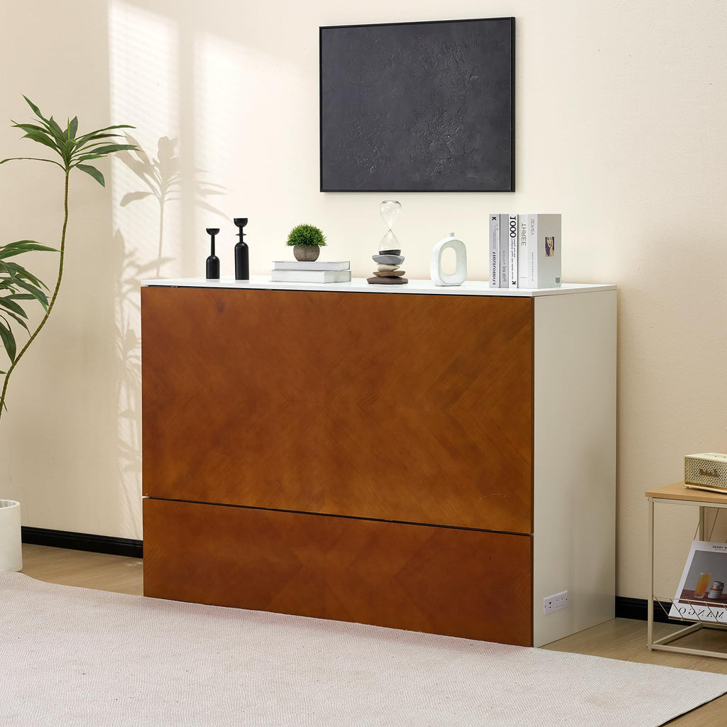 Full Murphy Bed with Storage Drawer, 2 Charging Station, Rustic & Scandinavian Style Foldable Bed Cabinet, Hideaway