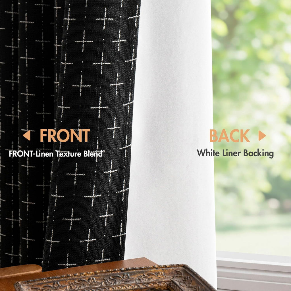 100% Blackout Decorative Linen Curtains with Geometric Pattern, Thick Woven Farmhouse Rustic Patterned Drapes with Back Tab for Bedroom and Living Room, Black, 2 Panels